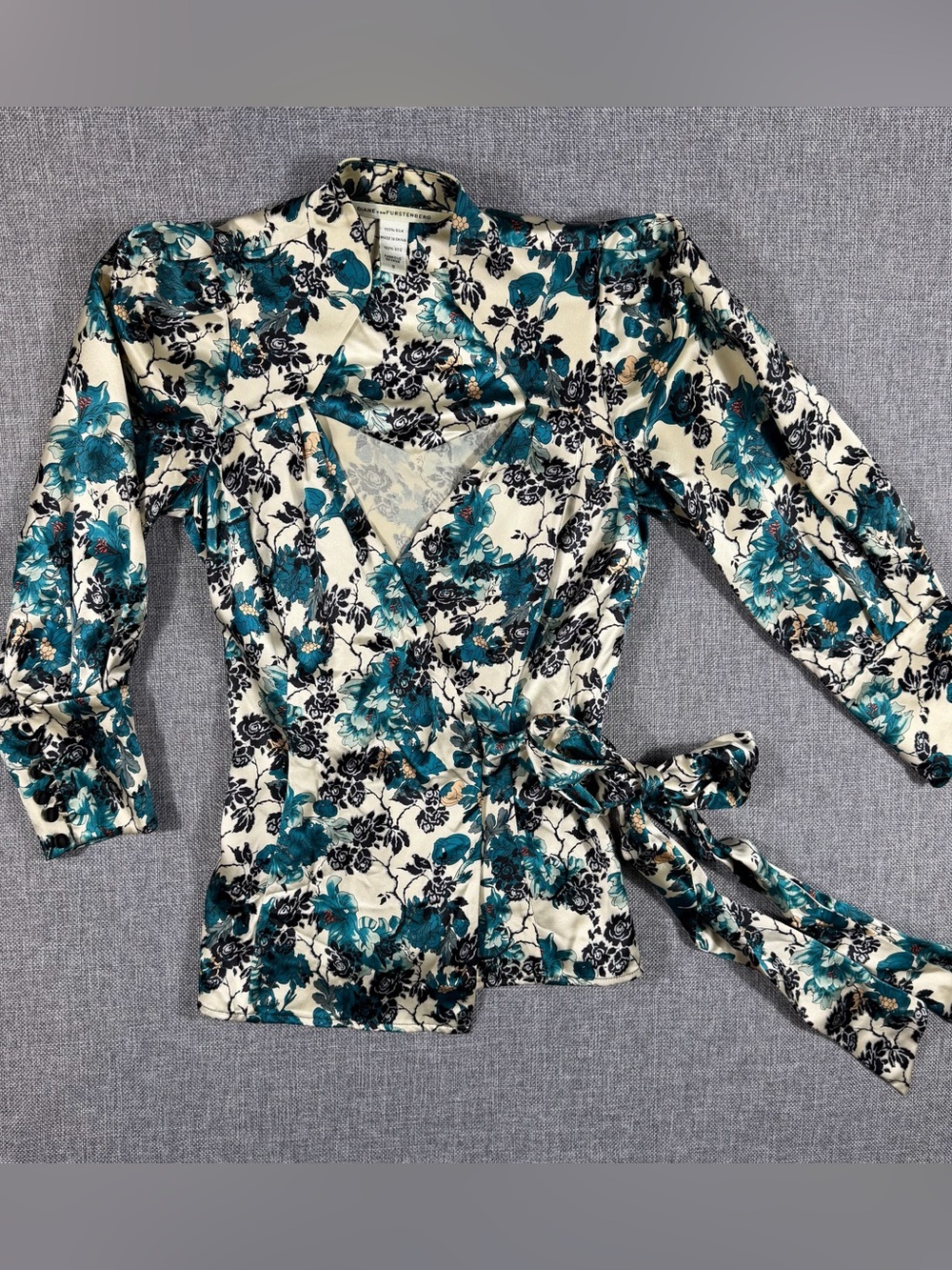 Diane Von Furstenberg Teal and Black Floral Wrap Blouse